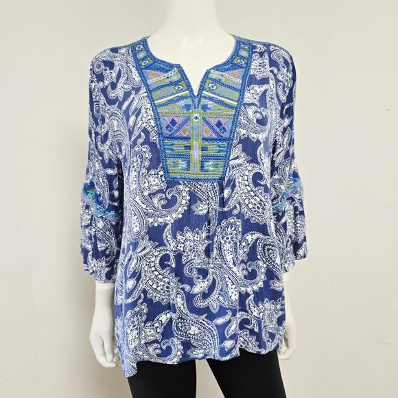 Caleaas Top Blouse Size XL Embroidered Bohemian 3/4 Sleeve Gauze Paisley Boho - Picture 1 of 8